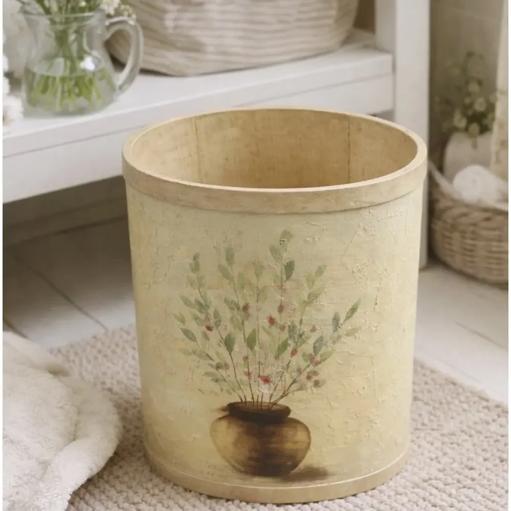 VTG Hand Painted Wooden Wastebasket‎ Trash Can Floral Rustic Cottage Shabby Chic